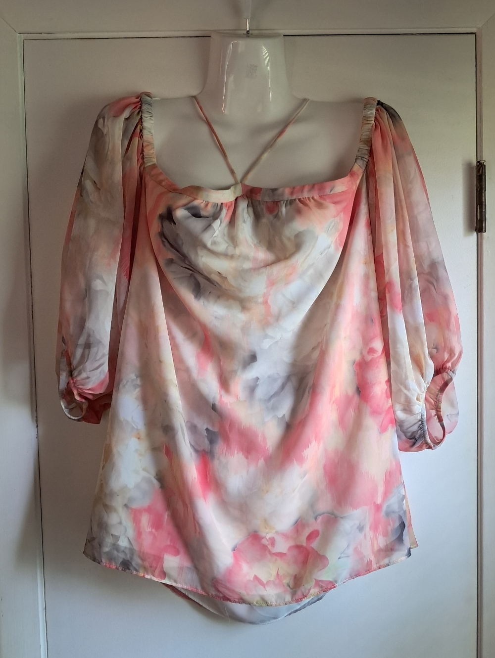 White House Black Market Pink and Cream Watercolor Off-Shoulder Blouse